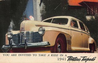 1941 Vintage Pontiac Torpedo Car Dealer Card Automobile Postcard Posted 1 Cent