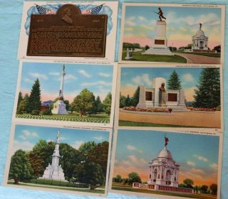 6 Vintage Linen Souvenir Postcards Gettysburg Pa Pennsylvania Civil War Unmarked