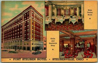 Vintage Steubenville,  Ohio Postcard Fort Steuben Hotel 3 Views Linen 1952 Cancel