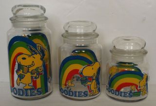 Vtg Snoopy Rainbow Goodies Glass Jar Canister Set Small Medium Large Set Of 3