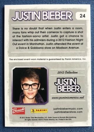 2012 Panini 24 Justin Bieber Authentic Event Worn Relic Card,  Singer 2