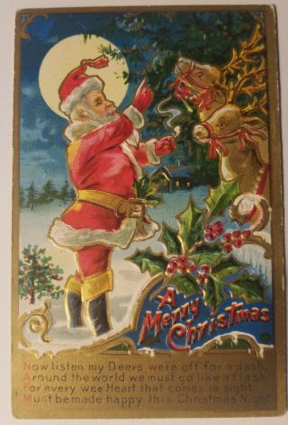Vintage 1908 Postcard Santa Holding His Pipe,  Talking To His Reindeer W/ Poem