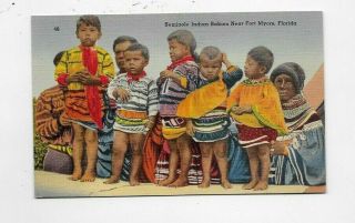 Vintage Linen Postcard Seminole Indian Babies Fort Myers Fl M1800