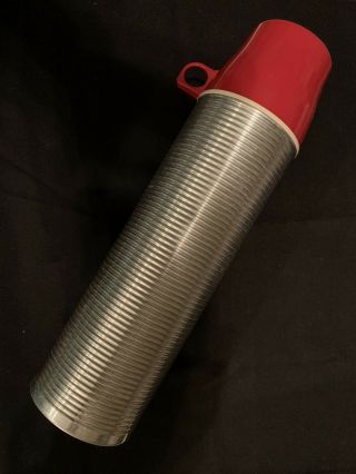 Vintage Thermos Model 2484h Red Top Aluminum Ribbed Vacuum Bottle Quart Usa
