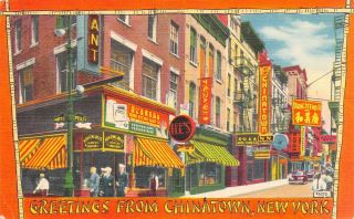 Greetings From Chinatown,  York City Ny Street View Vintage Linen Postcard A6