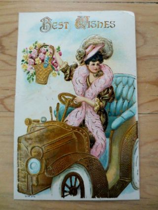 Early 1900s Best Wishes Lady Vintage Automobile Flowers Embossed Postcard Posted