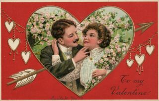 Pfb Red Romantic Couple In Heart With Arrow Vintage Postcard