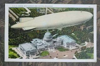 Vintage Postcard,  Postmarked 1935,  U.  S.  S.  Akron Navy Airship & Capital Buildings