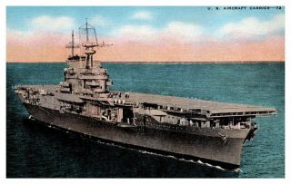 Military U.  S Aircraft Carrier Navy Ship Vintage Hand - Colored Linen Postcard A10b