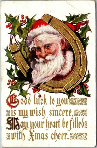 Vintage 1910s Santa Claus Christmas Postcard Holly Leaves / Good Luck Horseshoe