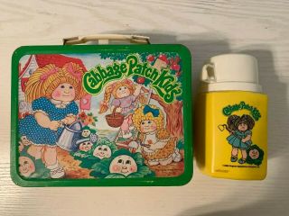 Vintage 1984 Cabbage Patch Kids Metal Lunch Box W/ Thermos Green