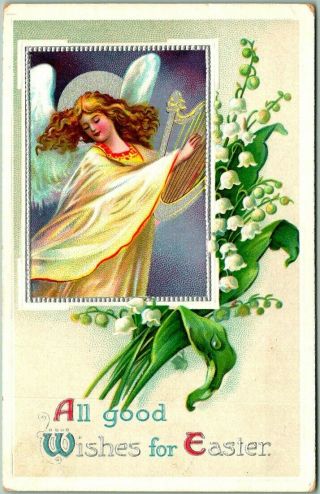 Vintage Easter Greetings Embossed Postcard Angel Girl W/ Harp " All Good Wishes "