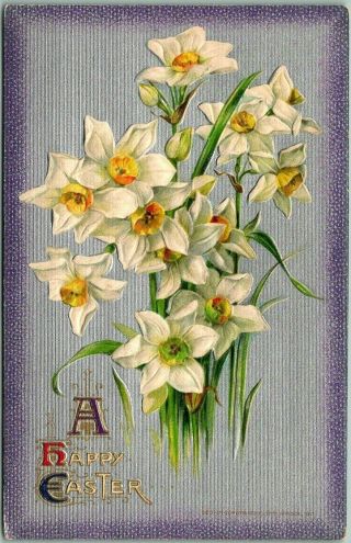 Vintage Happy Easter Greetings Embossed Postcard White Lily Flowers C1910s