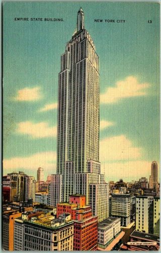 Vintage York City Postcard " Empire State Building " Tichnor Linen 1939 Cancel
