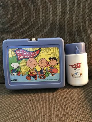 Rare Vintage 1965 Peanuts University Blue Plastic Lunch Box With Thermos Snoopy