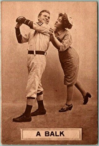 Vintage 1910s Baseball / Romance Postcard " A Balk " Girl In Uniform