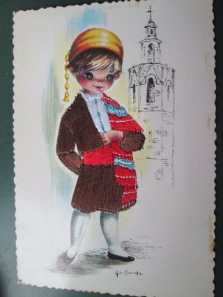 Vintage Spanish Embroidered Silk Postcard 1978 - Gallarda Print Boy
