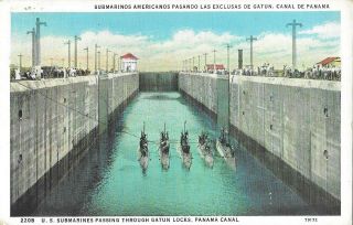 Vintage Naval Postcard,  U.  S.  Submarines Passing Through Gatun Locks