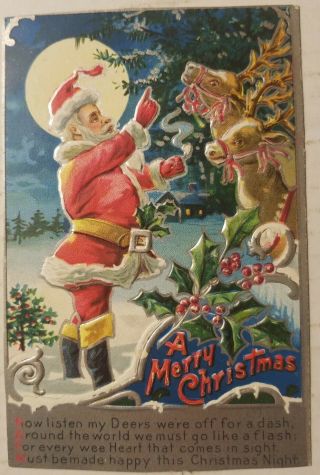Vintage 1909 Postcard Santa Holding His Pipe,  Talking To His Reindeer W/ Poem