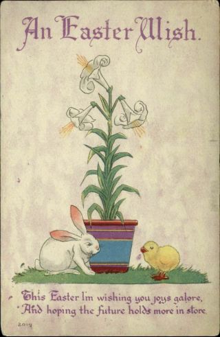 Easter Lily Plant White Bunny Yellow Chick Poem 1915 Vintage Postcard