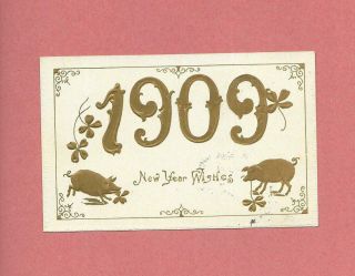 Pigs,  4 - Leaf Clovers,  1909 Year Date On Vintage Year Postcard