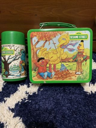 Vintage 1983 Sesame Street Metal Lunch Box With Thermos