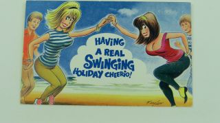1960s Saucy Vintage Comic Postcard Fashion Brunette Big Boobs Swinging Dancing