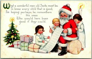 Vintage Whitney Christmas Postcard Santa Claus W/ Children & List - Dated 1921