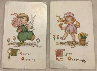 2 Vintage Easter Postcards Boy Girl Chicks White Bunny Rabbit Damage