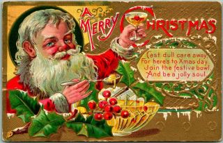 Vintage Christmas Greetings Postcard Santa Claus At Spiked Punchbowl 1912 Cancel