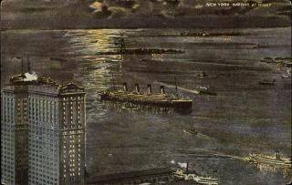 York Harbor At Night Ships Full Moon Dated 1915 Vintage Postcard