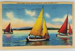 Vintage Linen Color Postcard Greetings From Southampton Long Island Ny 1948