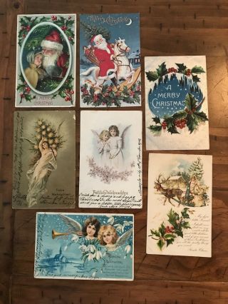 7 Vintage Postcards Christmas 1903/1908 Etc Germany,  Us,  Santa Angels Holly