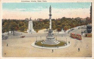 Columbus Circle,  York City Central Park Entrance With Trolley Cars Vintage