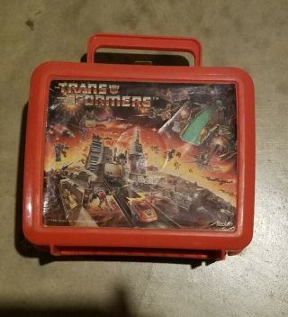 Vintage Transformers 1986 Red Plastic Lunch Box With Thermos Aladdin Hasbro