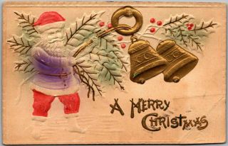 Vintage 1911 Christmas Embossed Postcard Santa Claus Airbrushes / Gold Bells