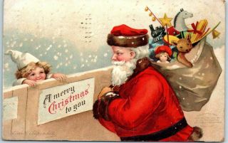 Vintage Artist - Signed Clapsaddle Postcard Santa Claus Christmas 1908 Cancel