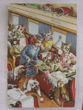 Vintage Postcard Alfred Mainzer Humanized Cats On A Train 4956