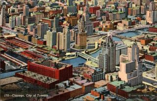 Postcard Chicago Il City Of Towers Aerial View,  Vintage