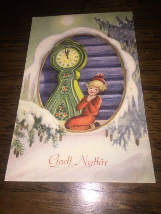 Swedish Scandinavian Vintage Christmas Year’s Postcard Norway? Clock Child