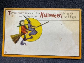 Vtg Halloween Postcard Stecher Lith Co.  63 Witch & Child Riding Broom Emboss
