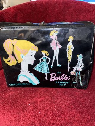 Vintage 1962 Mattel Black Vinyl Barbie Lunch Box Kit American Thermos