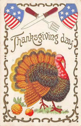 Vintage Thanksgiving Day Turkey Knife Fork Patriotic Symbols 1909