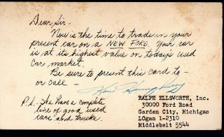 Vintage Advertising Postcard Ralph Ellsworth,  Inc.  Ford Car Dealer Detroit Mi