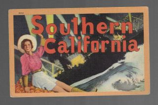 Vintage Postcard Linen Large Letters Greetings Southern California Ca Cowgirl