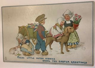 Raphael Tuck Vintage Easter Postcard Dutch Kiddies Ride Dog Tulips Rabbit Bunny