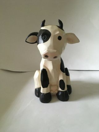 Vintage Wooden Black & White Cow Bobble Head - About 7 " Tall