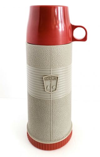 Vtg Aladdin Thermos Bottle Vacuum Mcm Red Gray 1 Pint Hot Cold Usa