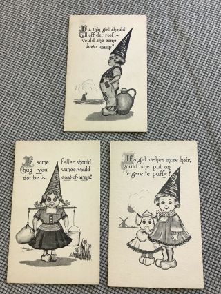 3 Vintage Comic Postcards Dutch Daffydill Duncecap Girl Boy Wooden Clogs