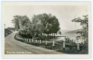 Vintage 1928 Rppc Car On Road Beside Keuka Lake Canoes Shore Dock Branchport Ny